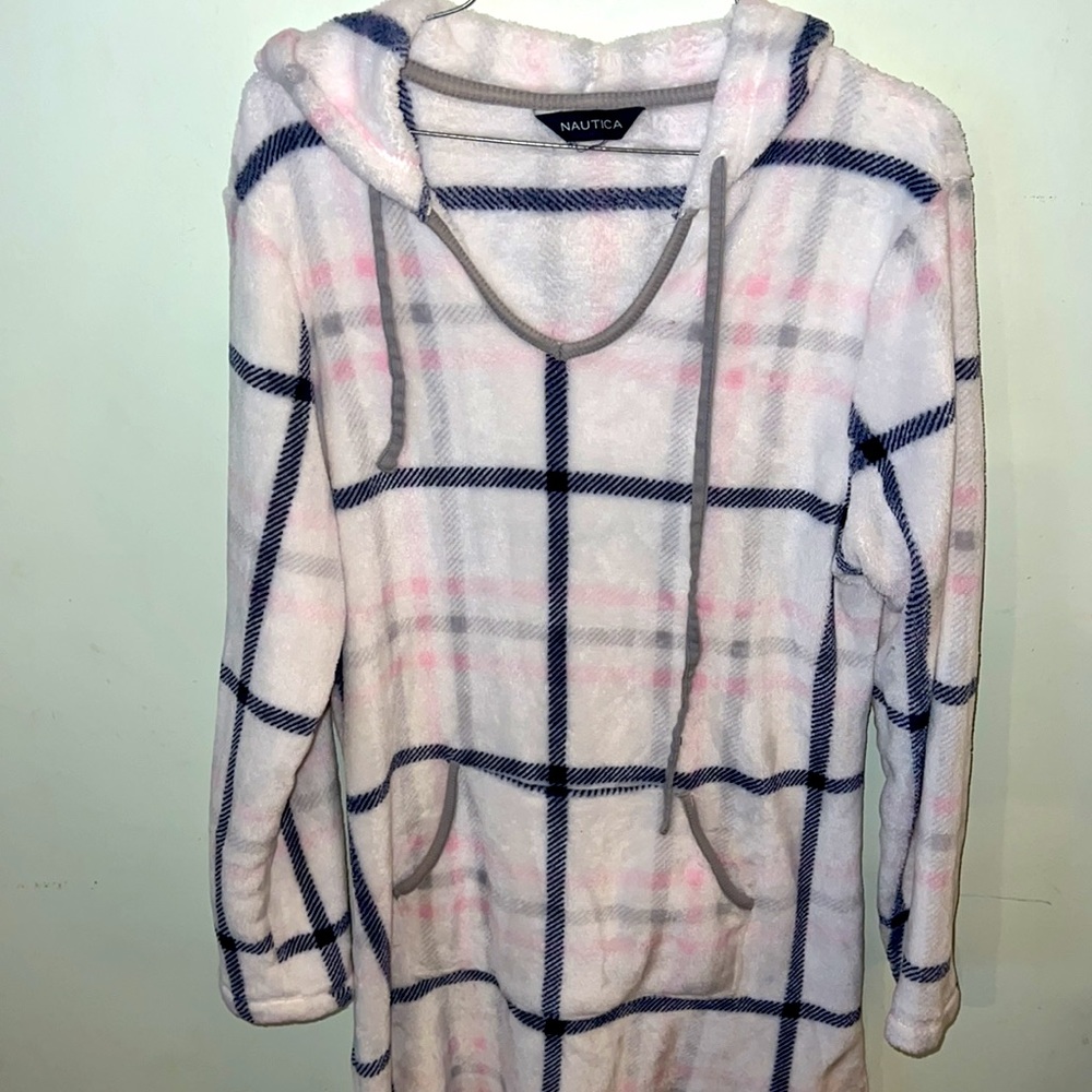 Nautical Windowpane Long Pullover Robe Kangaroo P… - image 2